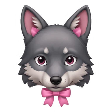 Pleading sad Face cute dark grey wolf with a pink ribbon io his ear head sticker