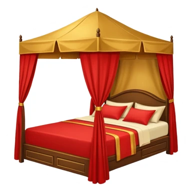 bed with red and gold sheets, wooden, canopy, simple sticker
