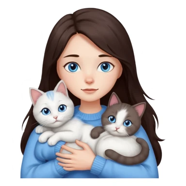a girl with long dark 
brown hair, with blue eyes, in a
white sweater, hugs 3 different natural coloured cats sticker