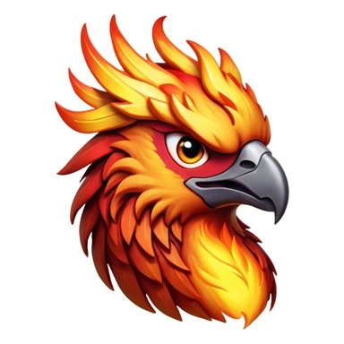 Cinematic Fierce Battle-Hardened Mystical Fire Phoenix Portrait Emoji, head tilted with an aggressive, unwavering gaze that speaks of relentless combat. The flame-kissed form is marked by rugged, charred feathers and vivid battle scars. Its blazing eyes radiate raw intensity and steely resolve, rendered with lifelike detail and stark natural lighting, high shine, channeling an aura of unyielding warlike energy and valor, softened by a dynamic glowing outline that highlights its battle-earned ferocity. sticker