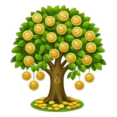 Apple-style money tree, round soft green canopy.
No pot, no ground — only the tree.
Small gold coins as fruits inside the leaves (not below).
Flat 2D vector, clean shapes, no gradients.
Dark near-black background, premium fintech icon. sticker