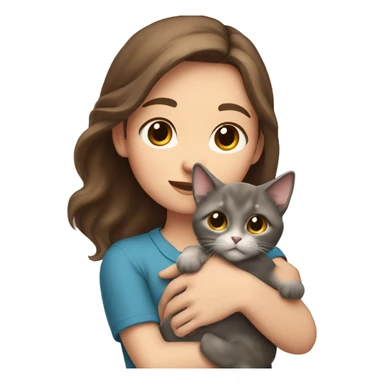 A girl with medium-length brown hair is holding a gray lop-eared cat in her arms sticker