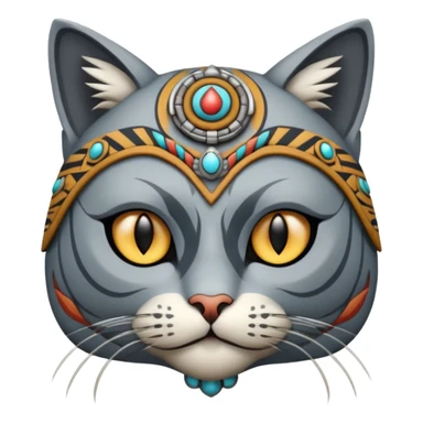 cat, wear tribal shaman cloth, half face robot sticker