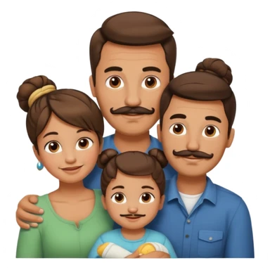 brown family with mom dad teenage daughter toddler son and baby. moms hair is in a bun and dad has a mustache and beard sticker