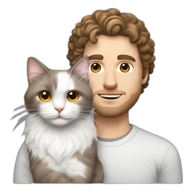 White man with brown curly hair, brown eyes, thick eyebrows, sharp jawline, bigger nose holding white and grey Ragdoll cat sticker