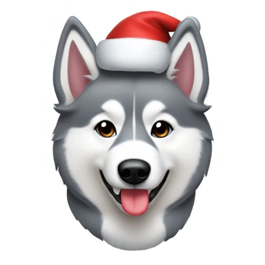 Grey and white husky wearing a Santa hat and holding a candy cane sticker