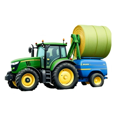 Baler – New Holland Roll-Belt 560 (2018) – Cinematic-realistic John Deere 6155M tractor towing a New Holland Roll-Belt 560 baler, its deep green body contrasting with the bright blue baler. The massive machine moves steadily through golden fields, compressing freshly cut hay into tight round bales, while dust swirls under the blazing afternoon sun. sticker