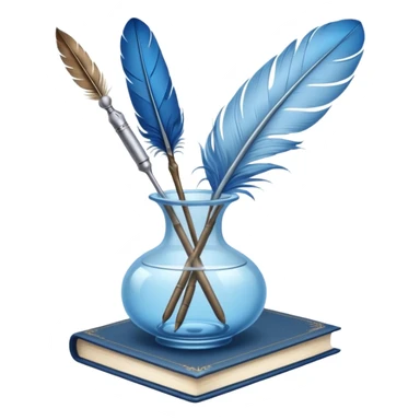 vintage blue book, pale blue flowers in a transparent vase, feather quill pen, concise iOS emoji sticker