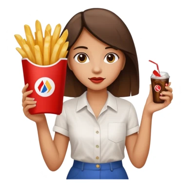 a young woman full length with cola in one hand and french fries in the other hand and a painting under her arm walking left sticker