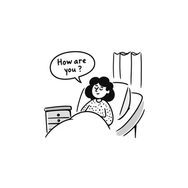 a patient sitting up in a hospital bed smiling gently, speech bubble saying 'How are you?', hospital curtains and bedside table in background sticker