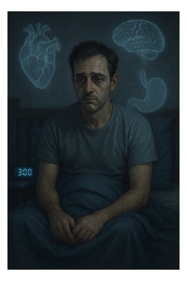 a man sits awake in bed in the middle of the night, dark circles under his eyes and a tired, anxious expression. The room is dimly lit by the blue glow of a phone or digital clock showing 3:00 AM. Around him, faint ghostly overlays of anatomical drawings highlight affected organs—heart, brain, and stomach—symbolizing the physical harm caused by disrupted sleep. sticker