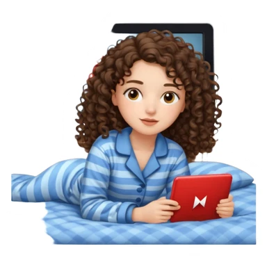 A girl, brunette with curly hair down to her shoulders, watching TV. Have her lie down on the bed, and put on Netflix on the TV. sticker