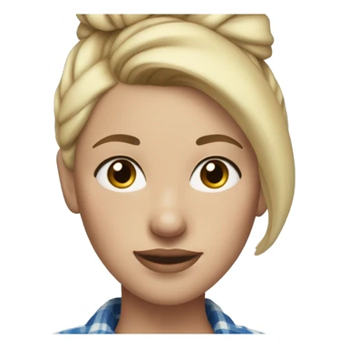 Blonde woman with freckles, blonde hair in a high bun, blue flannel, and gap in her tee sticker