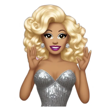 Drag queen, full body. Rupaul Charles. blonde hair styled swept to the side. sequin dress, posed with left hand on her hip, right hand raised in the air. Iconic, legendary, proud sticker