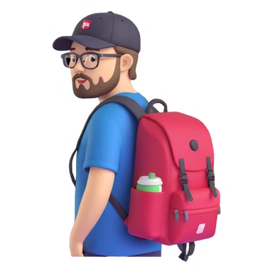 adventurer with goatee beard (no beard on cheeks), short hair, glasses, backwards baseball cap and backpack sticker