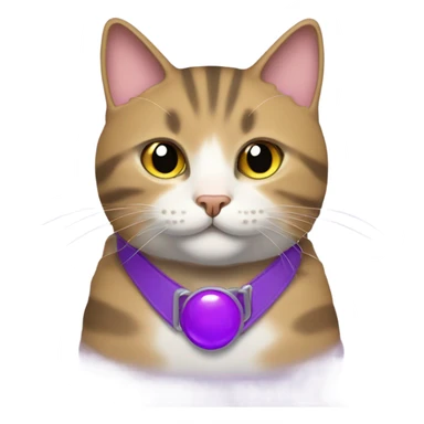fat tabby cat with purple collar with a small bell sticker