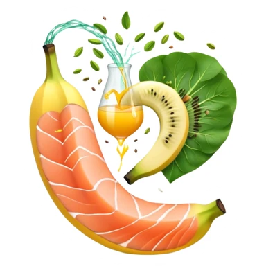 Banana, spinach, salmon fillet, sliced kiwi, pistachios, and a glass of orange juice emitting electrical sparks that flow toward a heart and nervous system. The electrical currents highlight the role these potassium-rich foods play in maintaining heart rhythm and muscle function. sticker