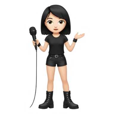 Crie uma cantora morena charmosa de shortes top e bota com microfone branca e cabelo preto Bota preta roupa preta sticker
