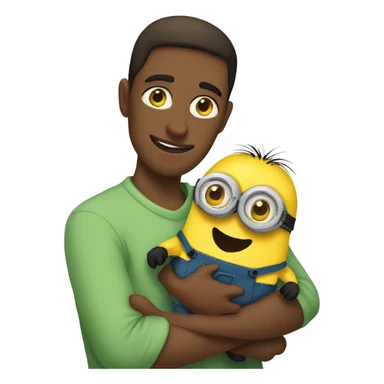 men, brown eyes holding between his arms a minion with green eyes sticker
