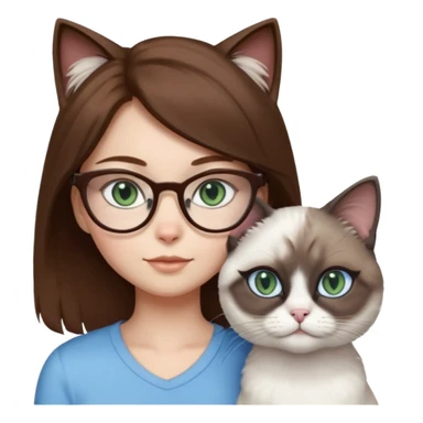 O fata cu parul saten cu ochii griji-albastrii ,ochelari și codițe de pisica ..și langa o pisicuță alba pufoasa ,cu ochii verzi și o a doua pisica siameza pufoasa cu capul maro -negru și coada ,restul corpului un maro deschis spre alb  , ochii albaștrii  sticker