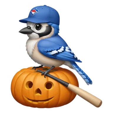 bluejay sitting on Halloween pumpkin wearing MLB bluejay baseball hat holding a bat sticker