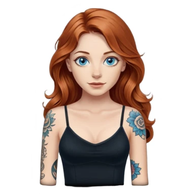 Long wavy Auburn hair woman BLUE eyes wearing black cami and one tattoo sleeve sticker