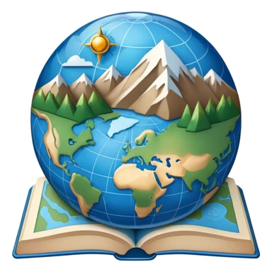 an icon featuring an earth with attitude and longitude lines, a textbook, and a topographic map, symbolizing geography as a science. The design includes a compass, mountain ranges, and rivers, representing the study of Earth's features and landscapes. Transparent background highlights geography. sticker