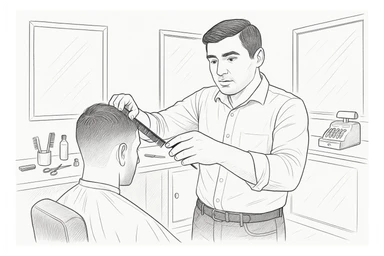 Draw me a sketch of the barbershop, but make sure there's a cash register there. sticker