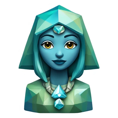 Sculpture oracle priestess with a geometric faceted design with disney features. Oracle of delphi is sparkling and standing upright on a base with angular and flower features. The vibrant blues neutrals and greens highlights the sharp edges and planes.  sticker
