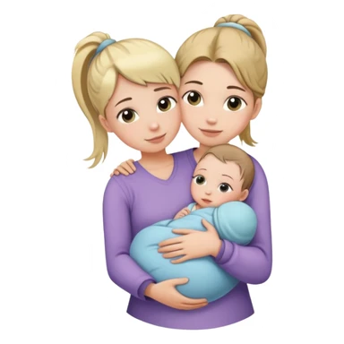 Big sister with ponytail carefully holding newborn baby while hugging younger sister sticker