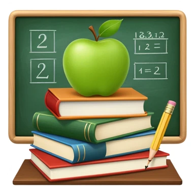 An icon featuring a chalkboard with educational equations, an apple, and a pencil, symbolizing pedagogy. The design includes a stack of books and a graduation cap, representing teaching and learning. Transparent background highlights the dedication to education and mentorship. sticker