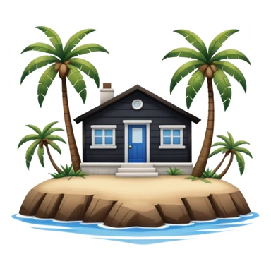 A full square 1 by 1   white and blue stripe house horizontally with brown wooden door on a island with palm trees  sticker