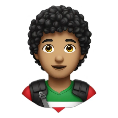 A boy, black hair, curly hair, wearing the Palestine flag sticker