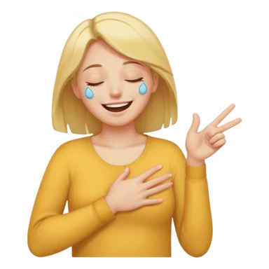 A person laughing with one hand pointing straight and one hand on his stomach with laughing tears in his eyes and closed eyes and straight pointing hand straight sticker