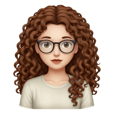 aesthetic white girl with cool coloured brown, very long curly hair, she wears an offwhite top and her eyes are black , and wears thin small glasses sticker