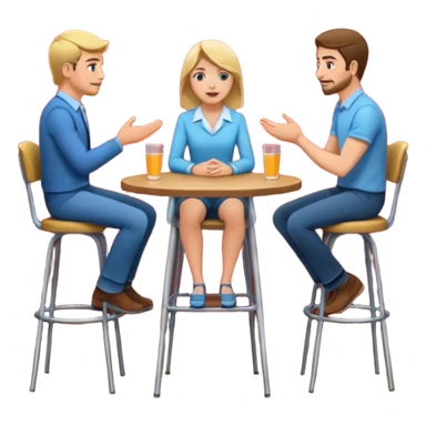 casual interview on stage, three people, facing each other, woman on the left, two men on the right, high chairs sticker