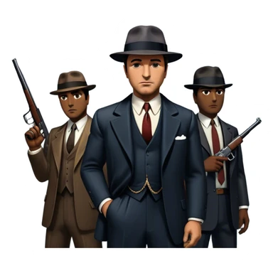 Vintage noir poster with Don Corleone surrounded by gangsters holding Thompson submachine guns. Background features New York skyscrapers, adding to the gritty, classic gangster film feel.  Dark and moody atmosphere with shadows, suits, and a mysterious vibe. Transparent background. sticker