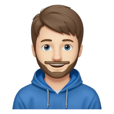 25 year old man, short scruffy beard and thin moustache, brown puffy mullet, blue eyes, big smile, white teeth, big lips, pronounced jaw, hair longer in back, sticking up on top, thin face, grey hooded sweatshirt, pale skin, big smile, blue eyes sticker