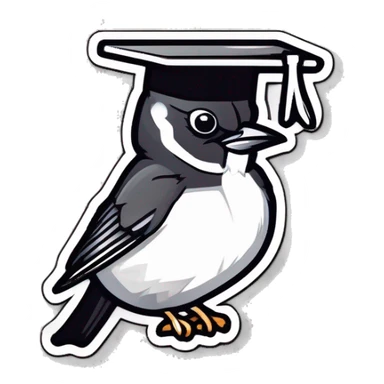 sticker: black and white sparrow with a square academic cap on his head laughs sticker