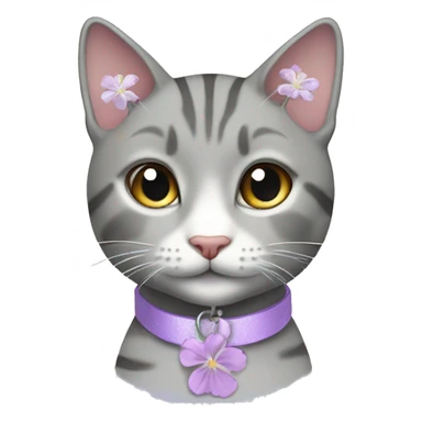 Beautiful girl grey tabby cat with lilac collar with white flower pendant sticker