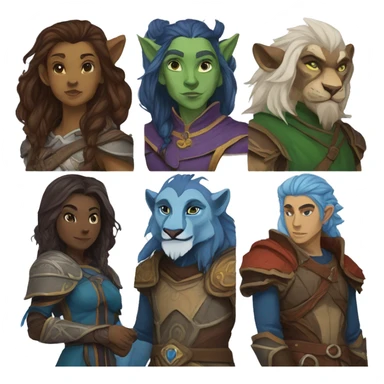 A dungeons and dragons team consisting of a human rogue,a blue Druid firbolg, a lion paladin and a female elf wizard sticker