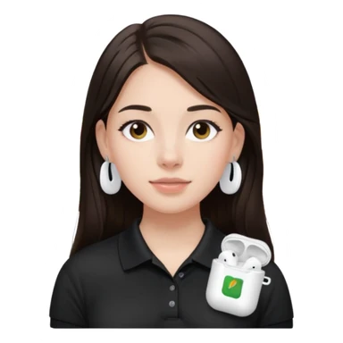 Girl with long dark brown hair with airpods wearing a black wegmans grocery store polo sticker