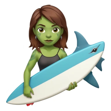 orc female holds a little surfboard with a shark painted vertically in his hands sticker