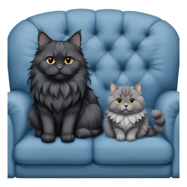A large black smoke Maine Coon cat with long grey ear tufts and a fluffy grey ruff, sitting next to a chubby British Shorthair cat in blue color with plush fur, both sitting comfortably on a sofa. Beautiful room background with flowers and soft lighting. Transparent background. sticker
