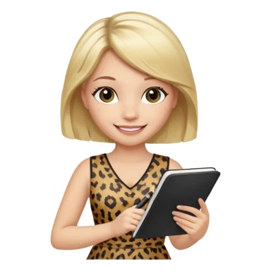 Blond hair girl with a leopard print dress and black leggings smiling holding a note book and a pen sticker