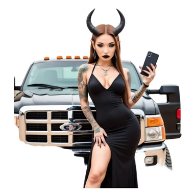 Sensual queen long brown straight haired mafia woman with black shiny platform high heels on her feet,  and black devil horns on her head, tattoos on arms , holding a stack of cash, has a phone in other hand. Sitting on a large big new model F350 pickup truck  long black dress with sexy butt sticker