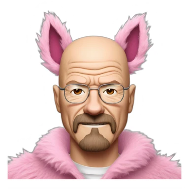 walter white wearing a pink wolf furry suits, slight blush cheeks, expressing a reaction mixed with excitement and embarrassment. sticker
