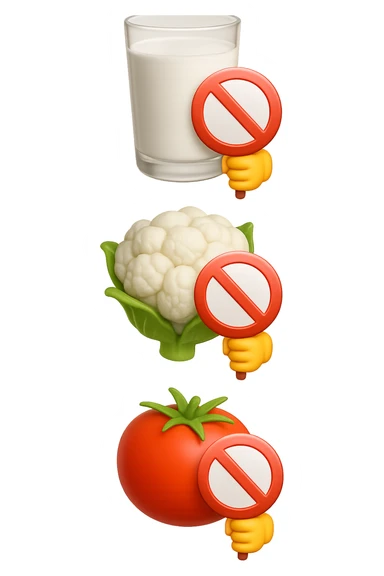 emoji stile iphone di un BICCHIERE DI LATTE CAVOLFIORE E POMODORO CHE FLUTTUANO IN ARIA VERTICALMENTE CON DIVIETI IN MANO, iperrealistico 4k, isolato su sfondo bianco sticker