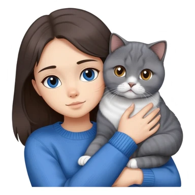 a girl with long dark brown hair in a blue sweater hugs a scottish fold gray and white one cat . sticker