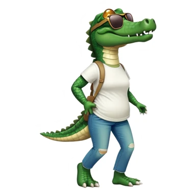 anthropomorphised female crocodile in a band t-shirt and jeans with sunglasses walking upright, relaxed pose sticker